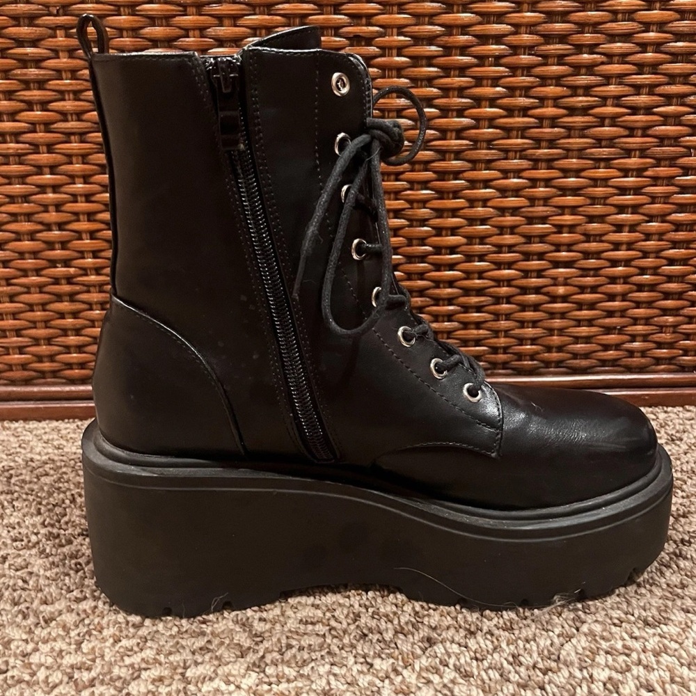 SHEIN Black Faux Leather Lace Up Platform Combat Boots - Picture 8 of 16